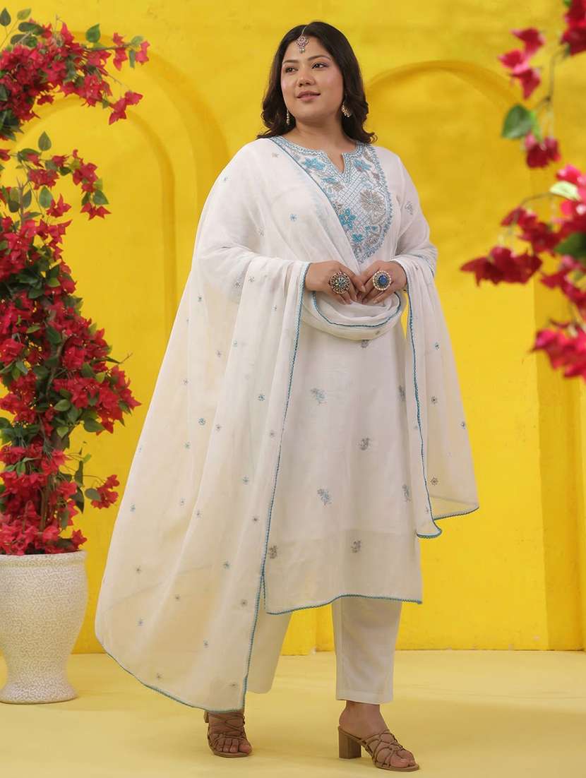 women solid with work three quarter sleeve kurta pant with dupatta set - 22489470 -  Standard Image - 4