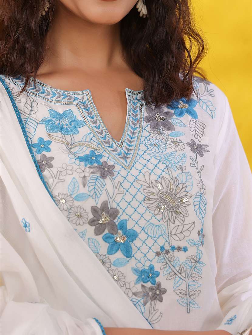 women solid with work three quarter sleeve kurta pant with dupatta set - 22489471 -  Standard Image - 1