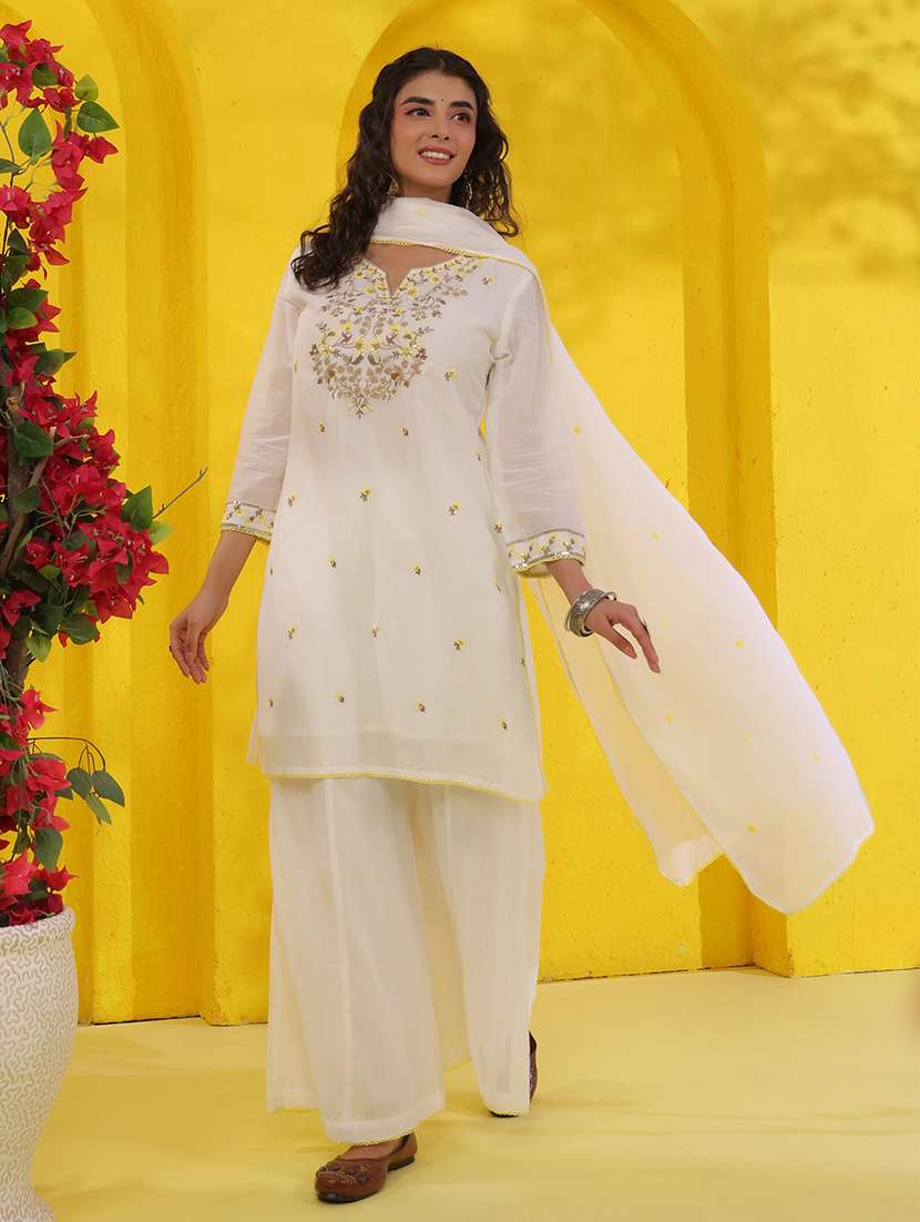 women solid with work three quarter sleeve kurta palazzo with dupatta set