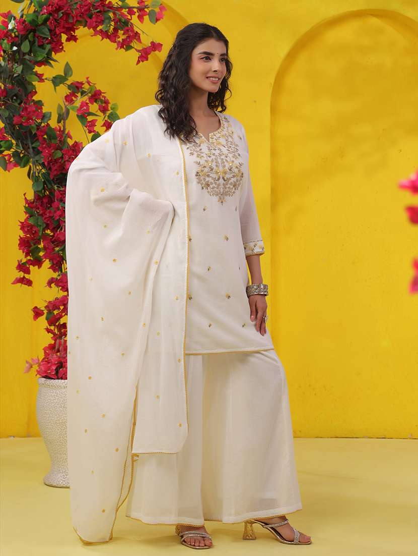 Women Solid With Work Three Quarter Sleeve Kurta Palazzo With Dupatta Set - 22489473 -  Standard Image - 4