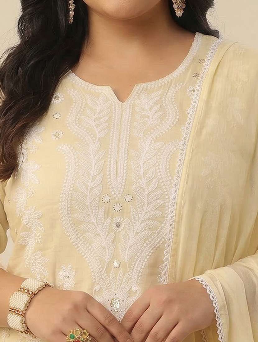 women solid with work three quarter sleeve kurta pant with dupatta set - 22489476 -  Standard Image - 1