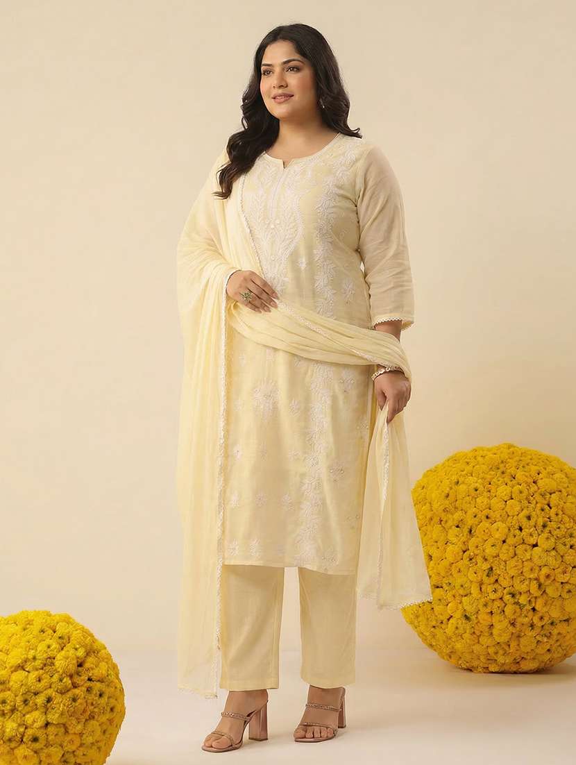 women solid with work three quarter sleeve kurta pant with dupatta set - 22489476 -  Standard Image - 4
