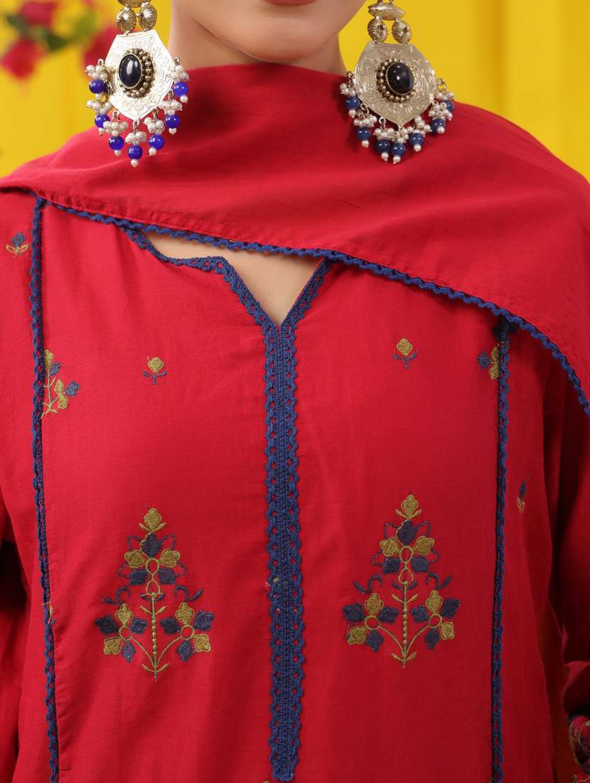 women solid with work three quarter sleeve kurta pant with dupatta set - 22489478 -  Standard Image - 1