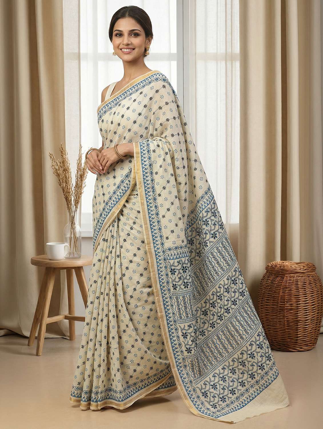 Women Printed Handloom Saree With Blouse - 22489494 -  Standard Image - 1