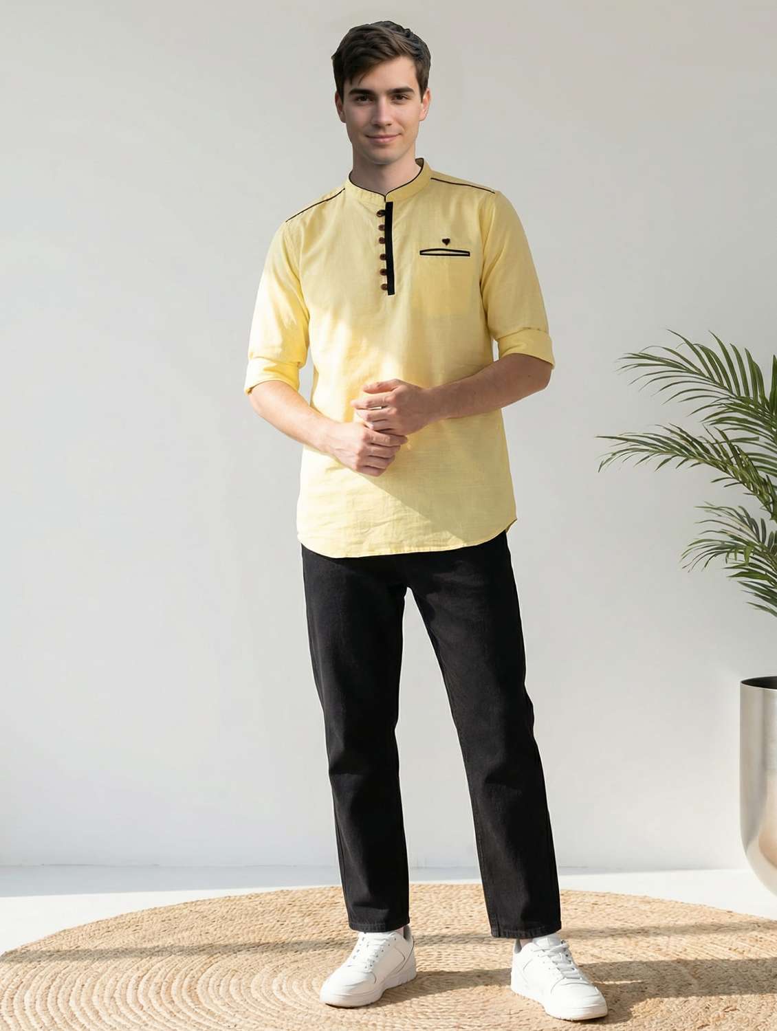men solid mandarin neck short kurta - 22489532 -  Standard Image - 4