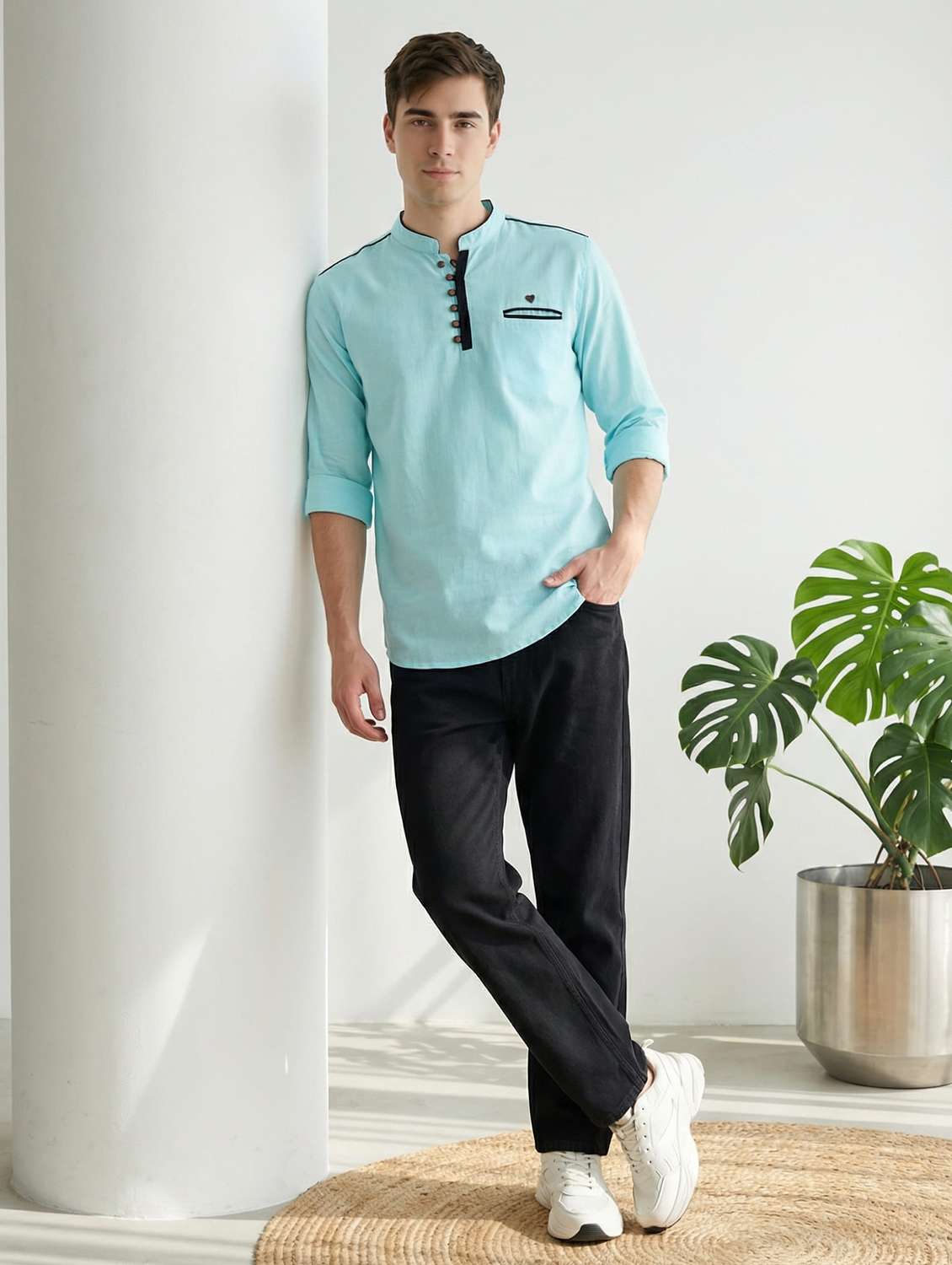men solid mandarin neck short kurta - 22489535 -  Standard Image - 4