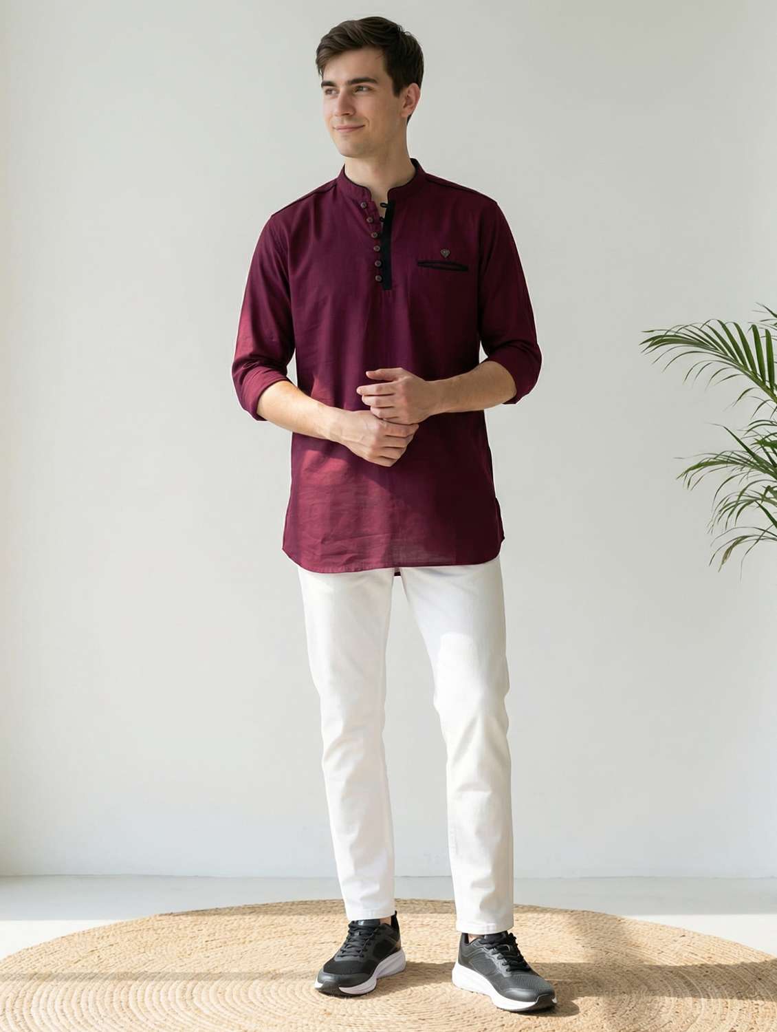 men solid mandarin neck short kurta - 22489536 -  Standard Image - 4