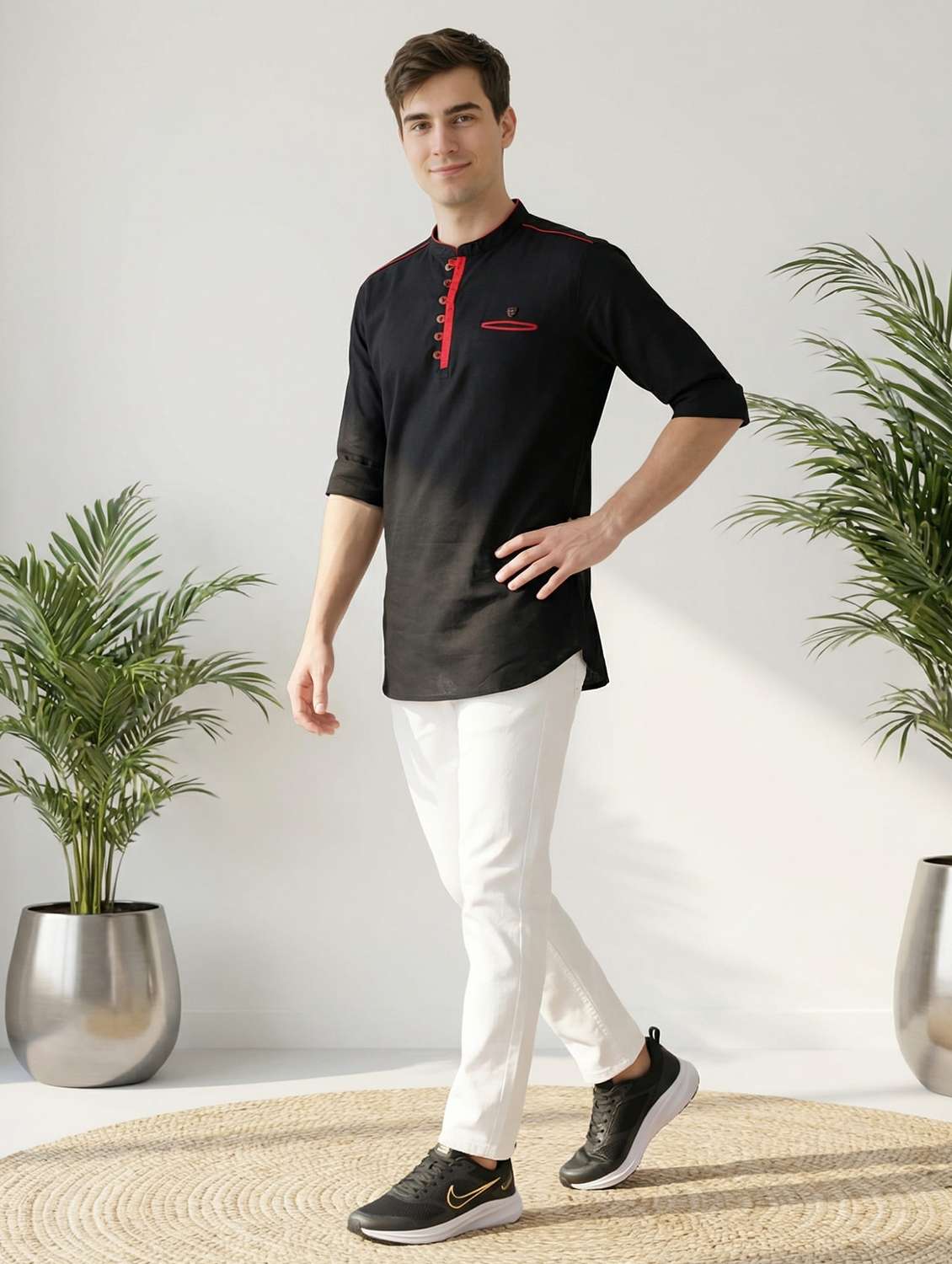 men solid mandarin neck short kurta - 22489538 -  Standard Image - 4