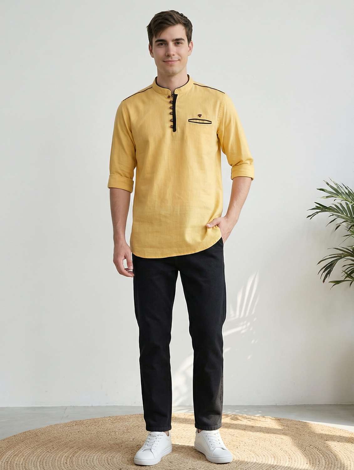 men solid mandarin neck short kurta - 22489539 -  Standard Image - 4