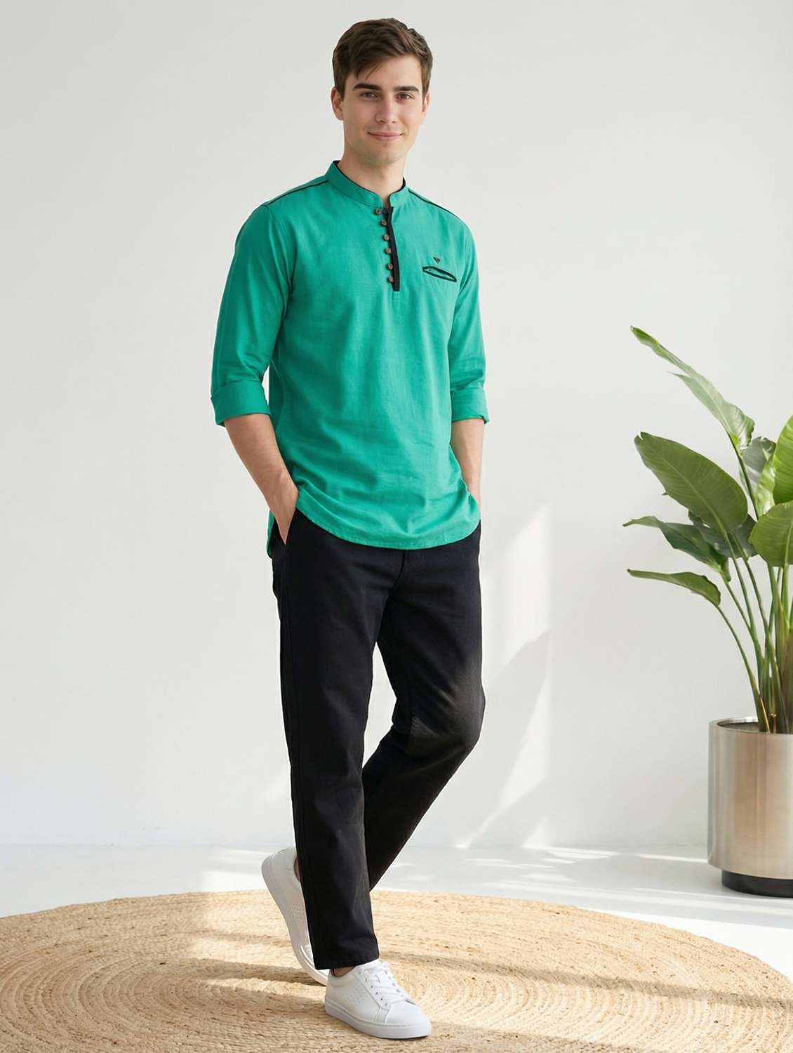 men solid mandarin neck short kurta - 22489540 -  Standard Image - 4