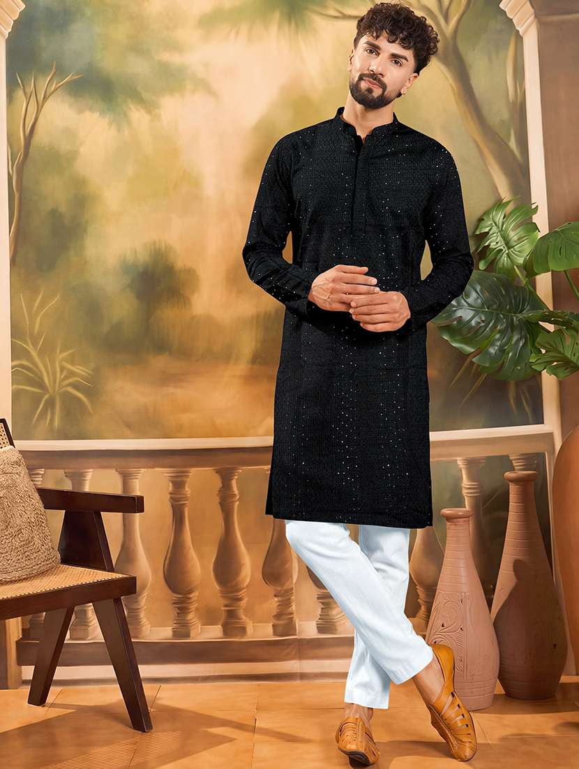 men solid with work mandarin neck kurta pyjama set