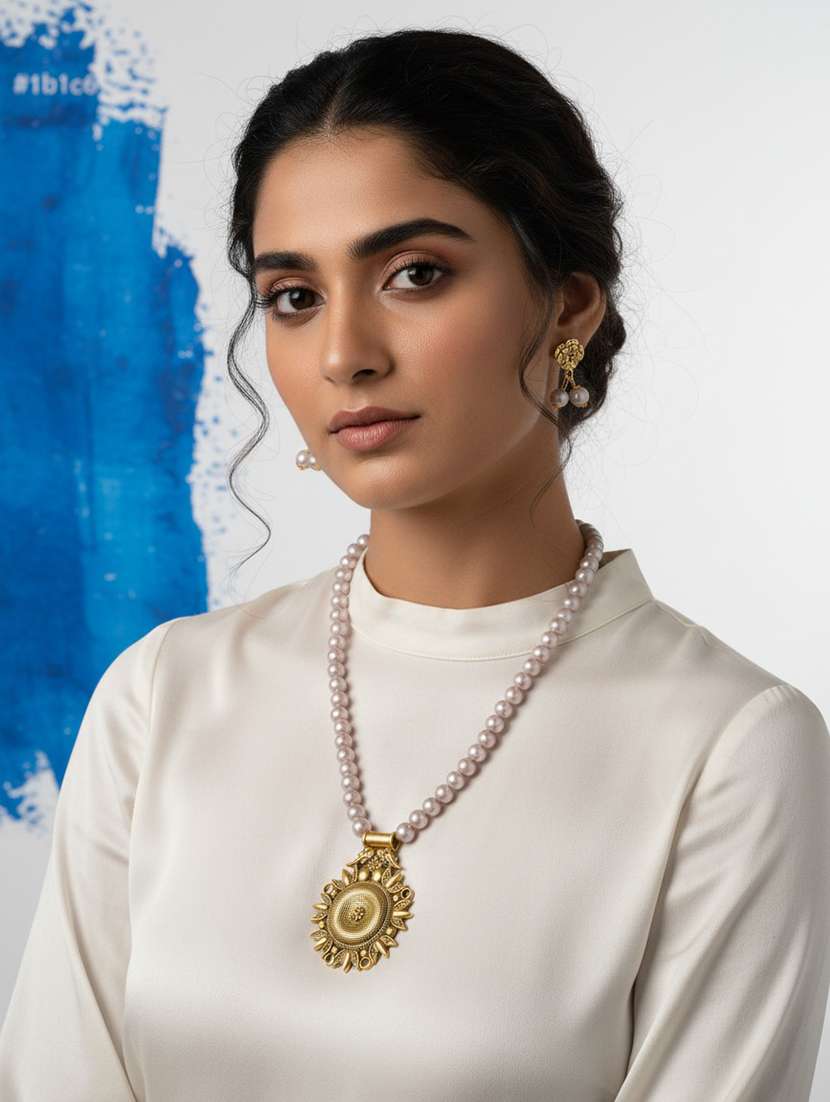 Pearl Necklace And Earrings Set With Oxidized Pendant - 22489758 -  Standard Image - 1