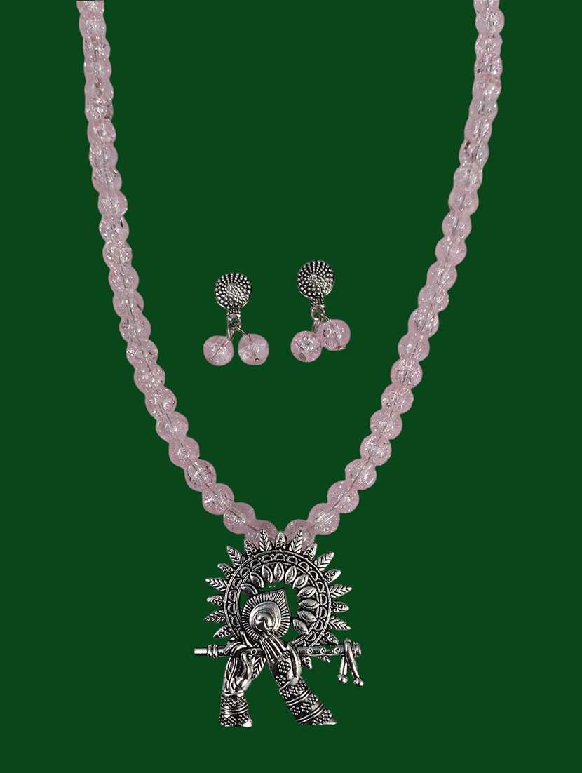 Pink Necklace And Earrings Set With Oxidized Pendant - 22489772 -  Standard Image - 1