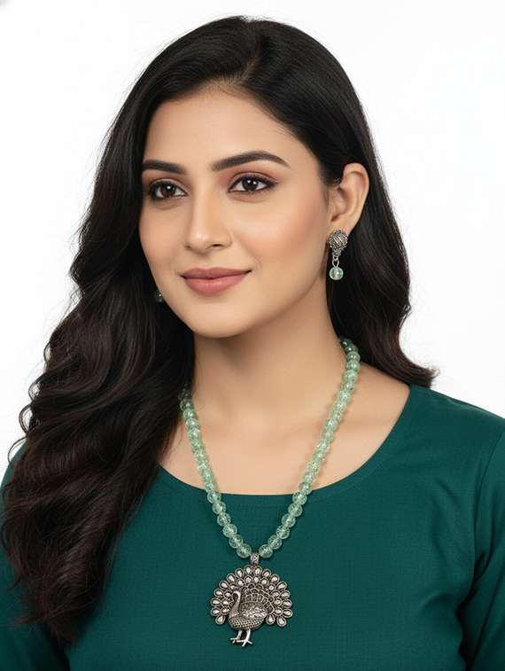 Oxidized Metal Peacock Pendant Necklace Earrings Set - 22489773 -  Standard Image - 1