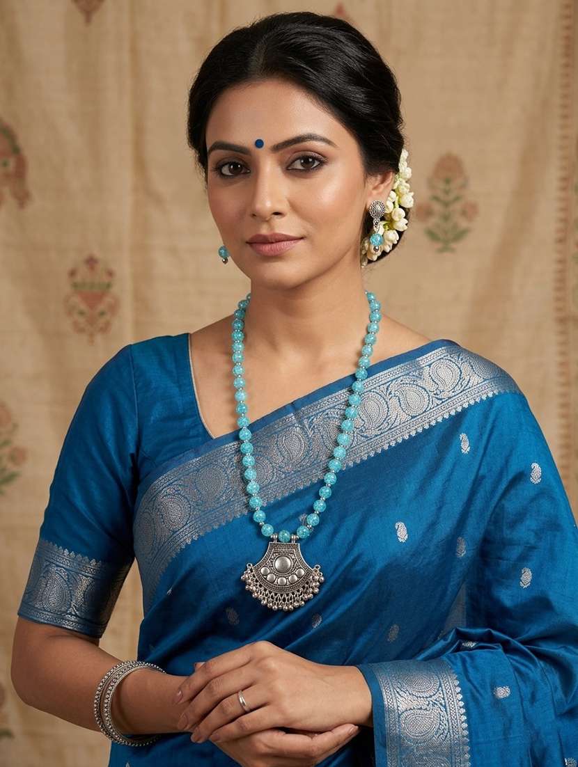 Oxidized Metal Necklace Set With Blue Beads And Earrings - 22489775 -  Standard Image - 1