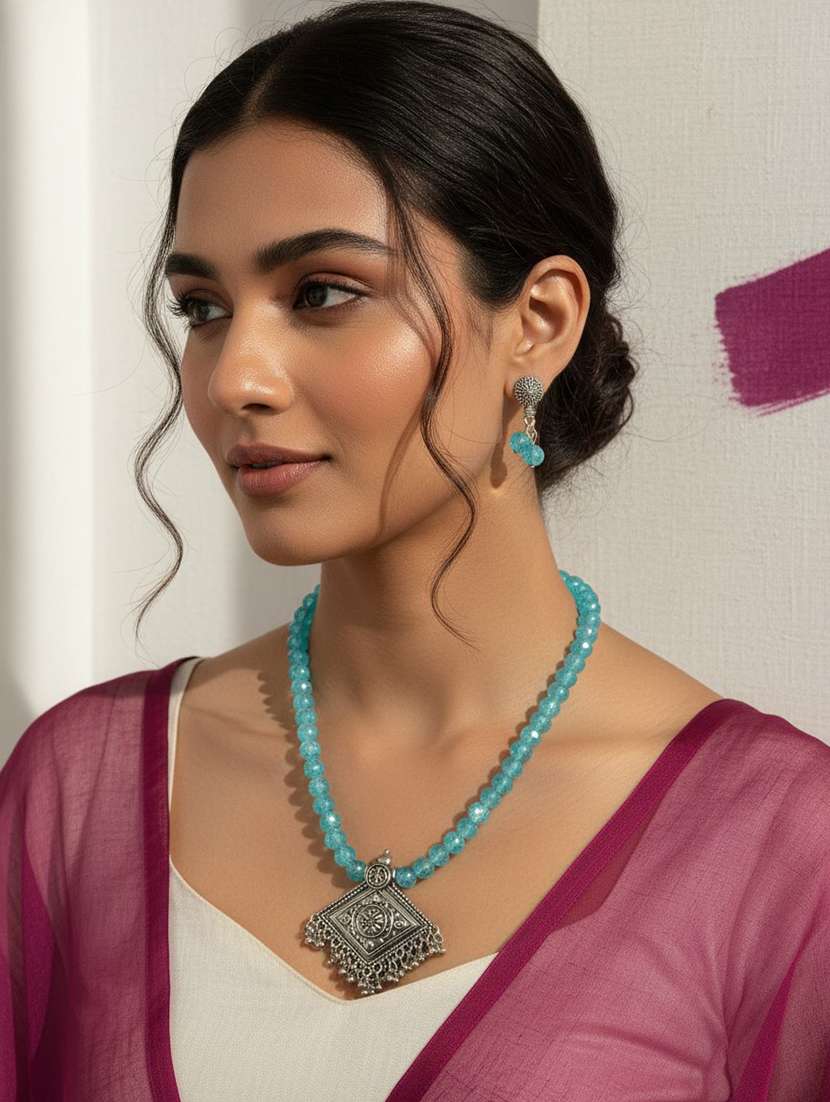 Blue Oxidised Metal Necklace And Earrings Set - 22489778 -  Standard Image - 1
