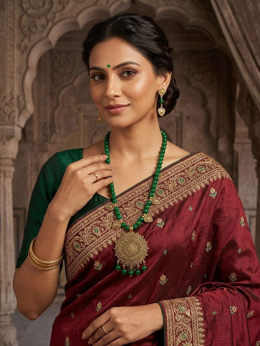 Traditional Big Pendant Oxidised Necklace Set With Earrings - Green - 22489782 -  Standard Image - 1