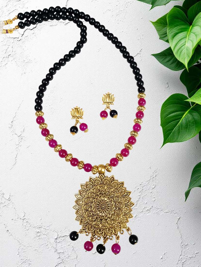 ethnic big pendant necklace set with earrings - black & magenta - 22489787 -  Standard Image - 1