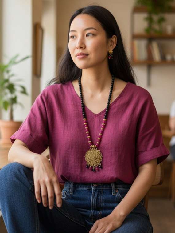 ethnic big pendant necklace set with earrings - black & magenta - 22489787 -  Standard Image - 4