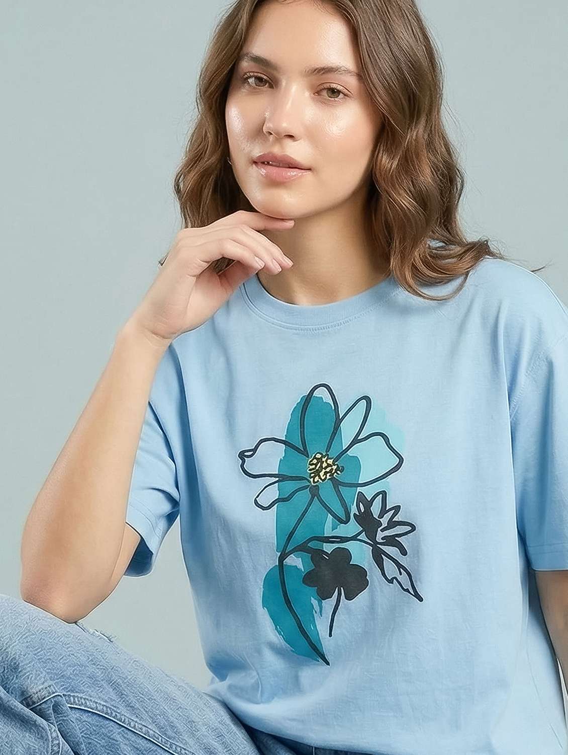 girls blue cotton round neck graphic print oversized t-shirt - 22489838 -  Standard Image - 1
