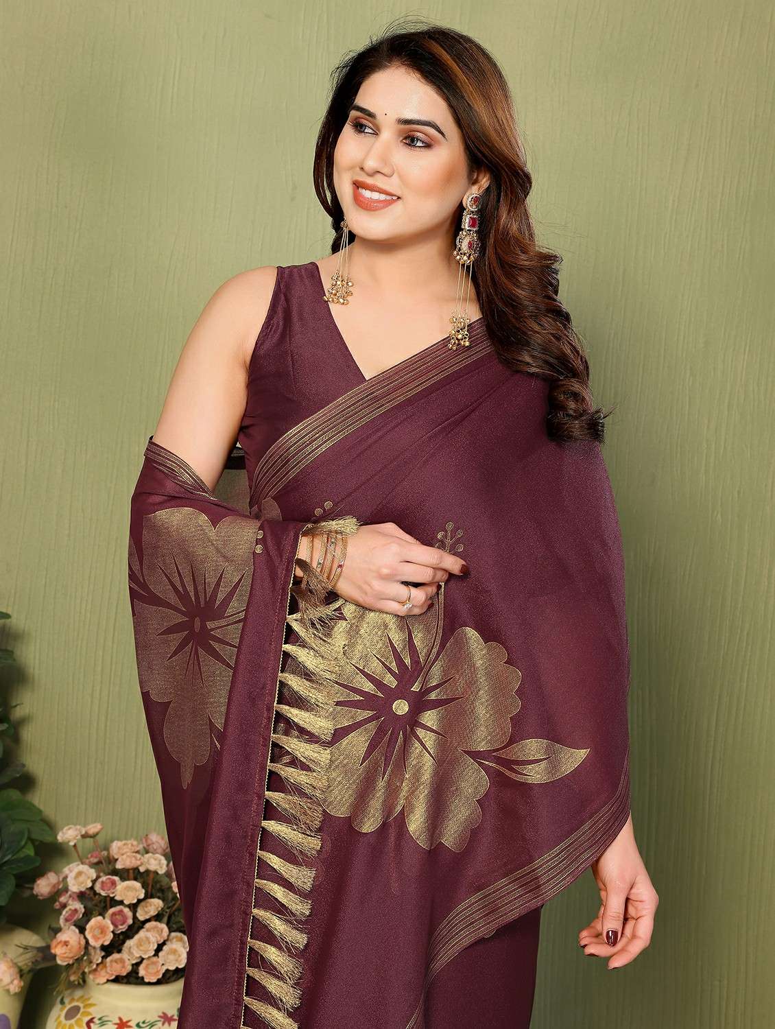 women foil printed saree with blouse - 22489842 -  Standard Image - 1