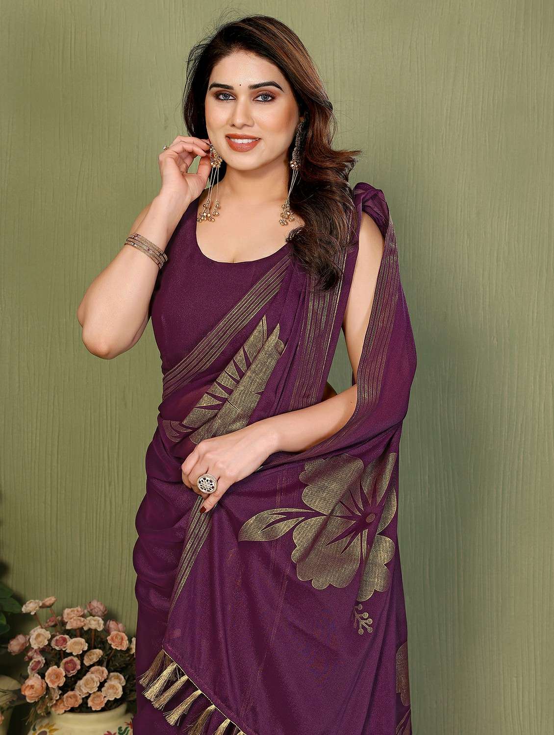 women foil printed saree with blouse - 22489846 -  Standard Image - 1