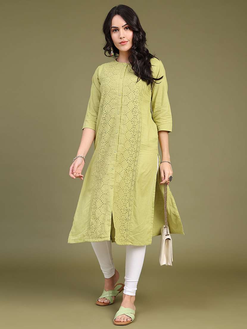 women embroidered three quarter sleeve straight kurta