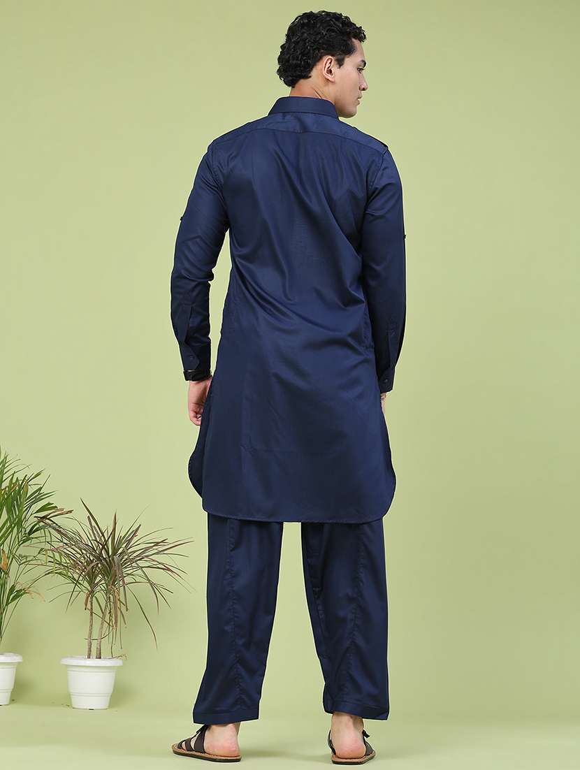 men solid long sleeves pathani kurta set - 22490821 -  Standard Image - 4