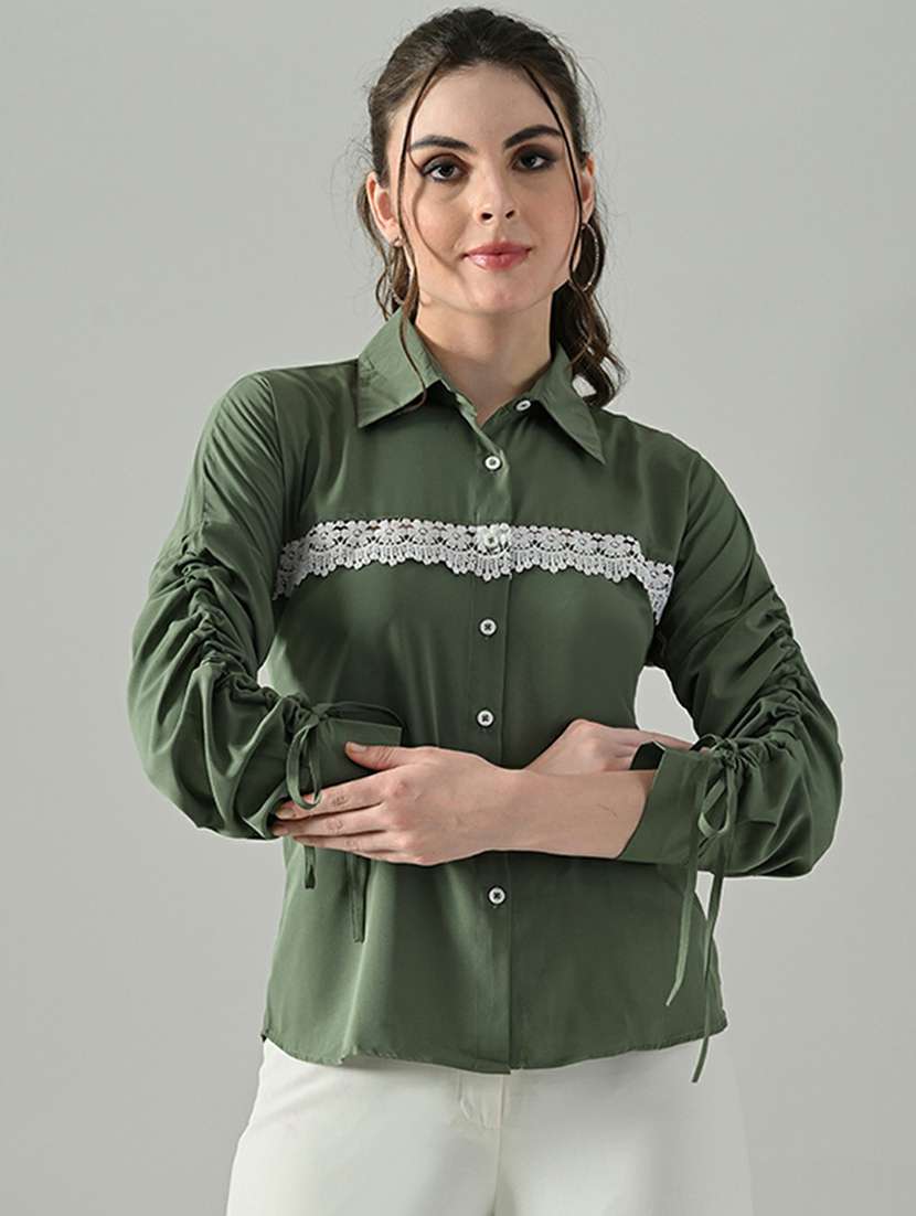 women solid long sleeves collared shirt