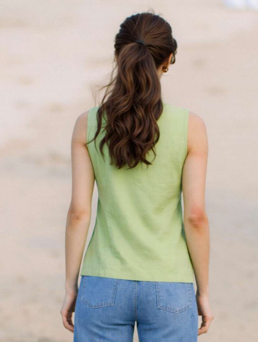 green linen sleeveless v-neck top - 22494747 -  Standard Image - 4