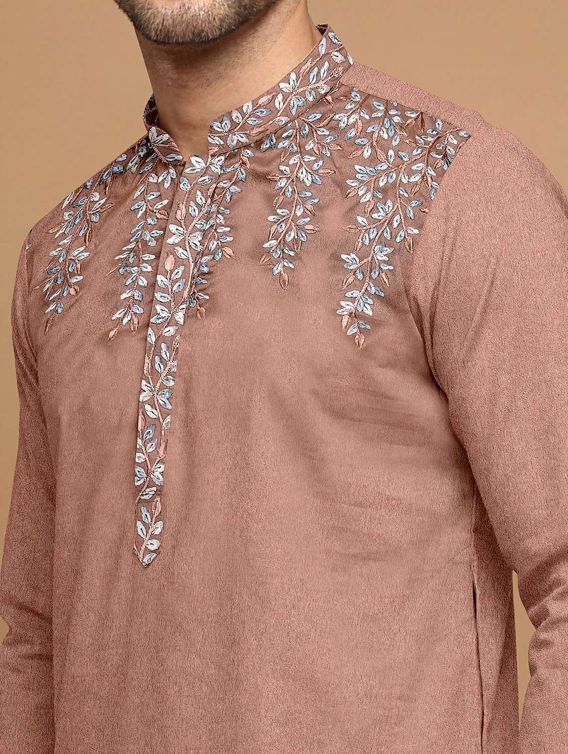 men solid with work mandarin neck kurta pyjama set - 22494764 -  Standard Image - 1