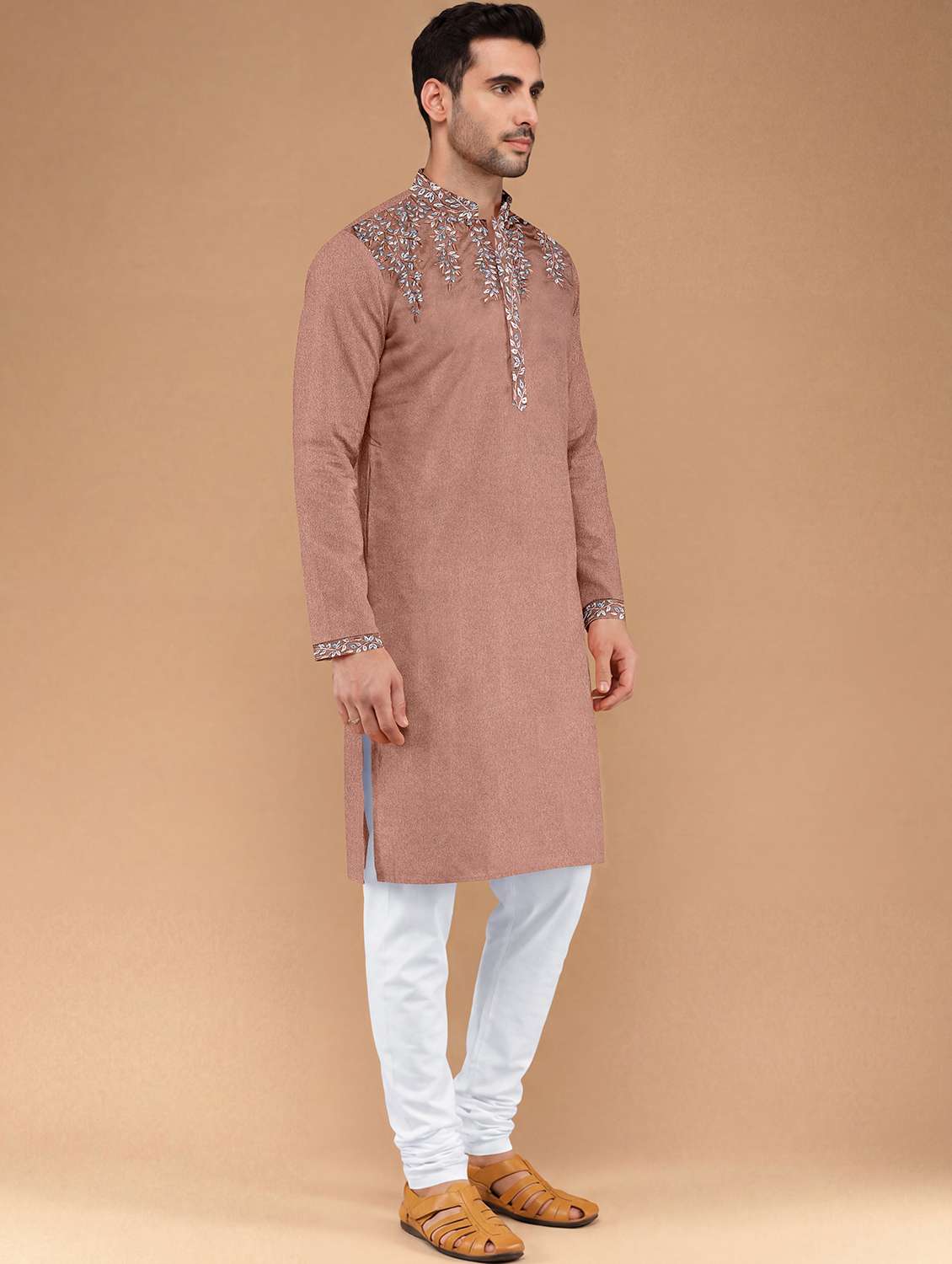 men solid with work mandarin neck kurta pyjama set - 22494764 -  Standard Image - 4