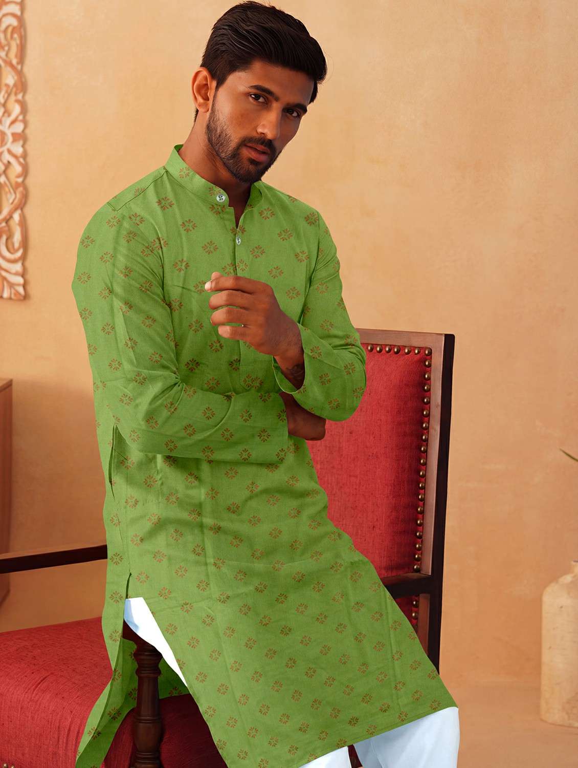 men printed mandarin neck kurta pyjama set - 22494771 -  Standard Image - 4