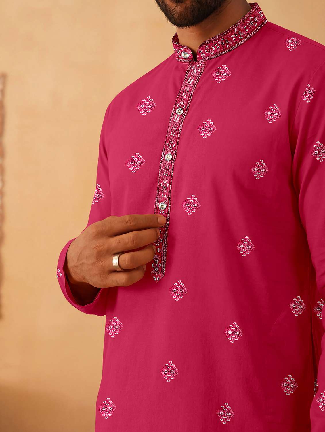 men solid with work mandarin neck kurta pyjama set - 22494810 -  Standard Image - 1