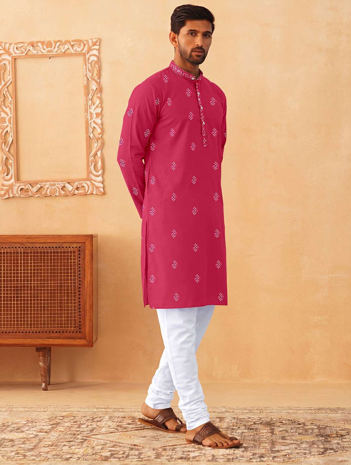men solid with work mandarin neck kurta pyjama set - 22494810 -  Standard Image - 4
