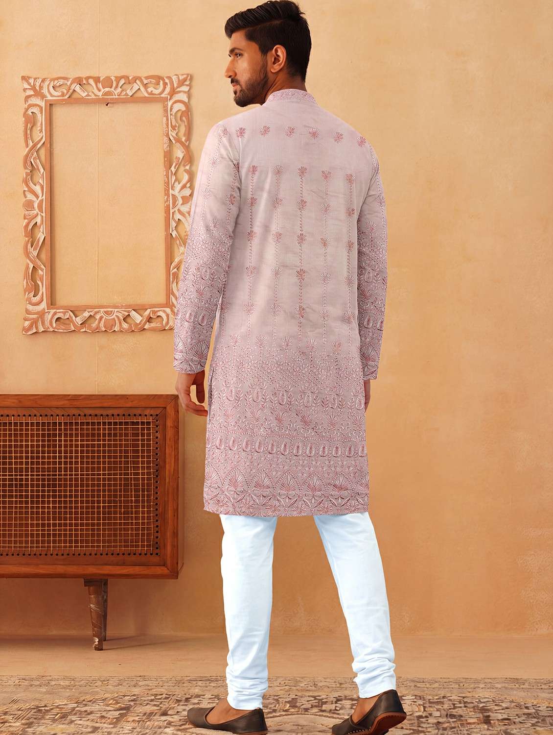 men solid with work mandarin neck kurta pyjama set - 22494819 -  Standard Image - 4