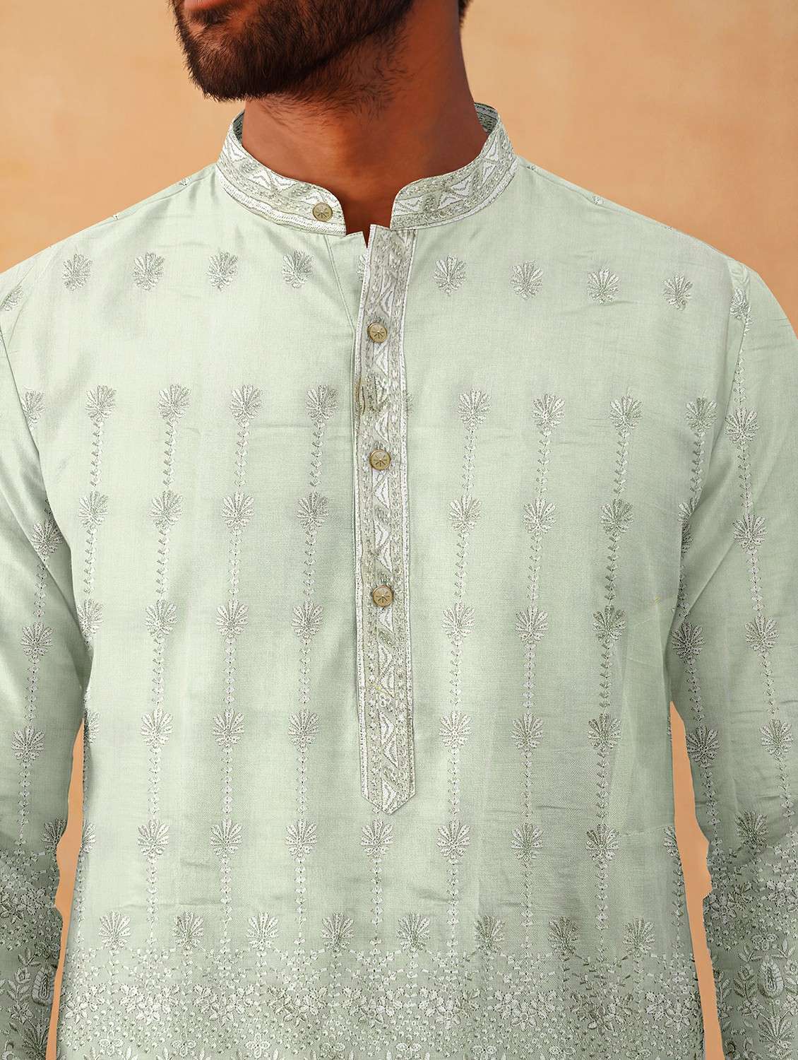 men solid with work mandarin neck kurta pyjama set - 22494820 -  Standard Image - 1