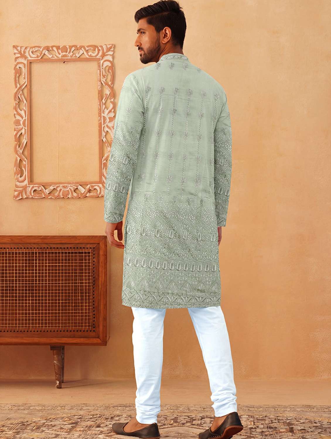 men solid with work mandarin neck kurta pyjama set - 22494820 -  Standard Image - 4