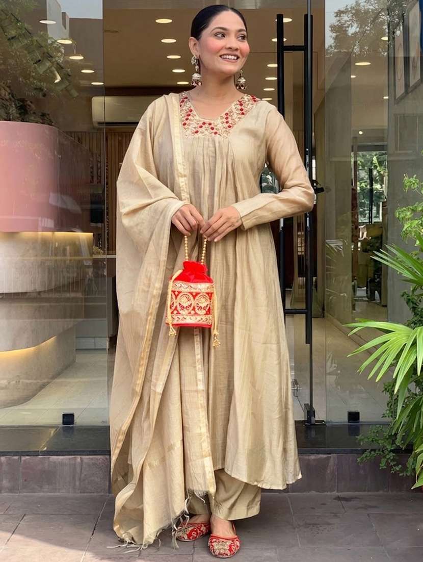 beige chanderi kurta pant  set
