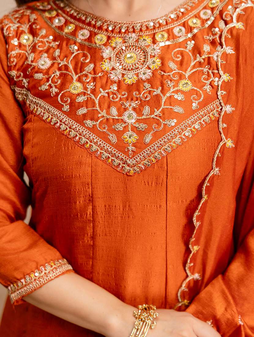 women solid with work three quarter sleeve kurta pant with dupatta set - 22494830 -  Standard Image - 1