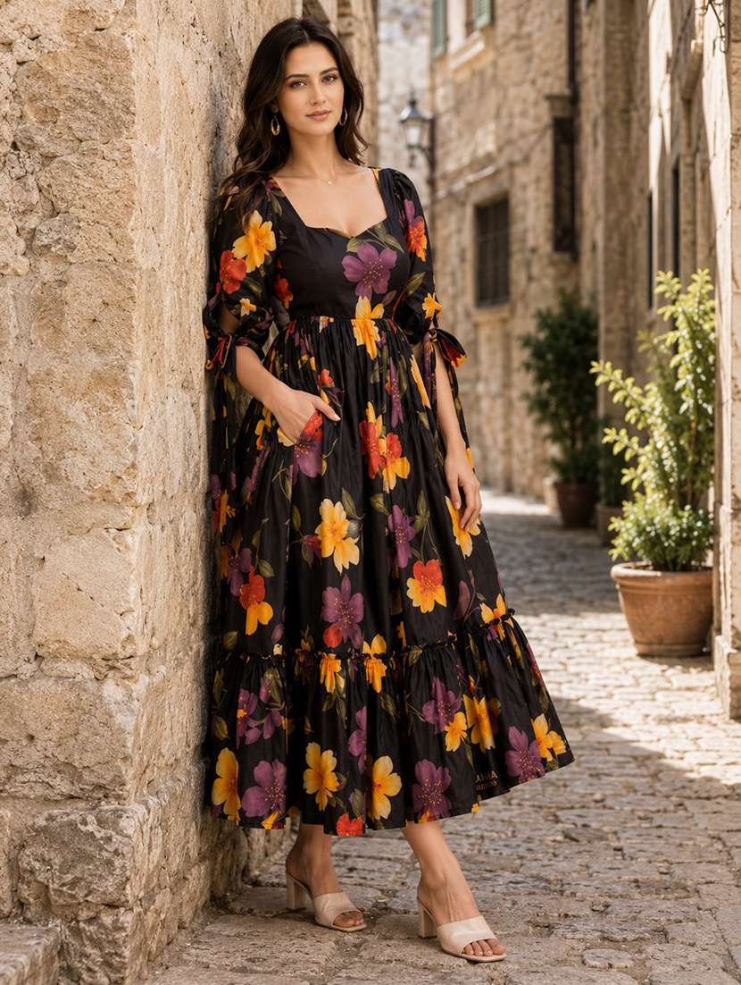 girls black floral rayon maxi tiered dress with puff sleeves
