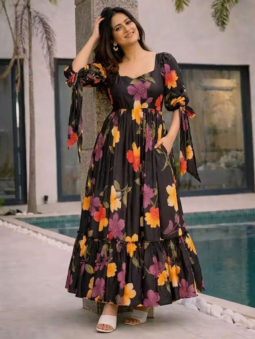 girls black floral rayon maxi tiered dress with puff sleeves - 22494895 -  Standard Image - 1