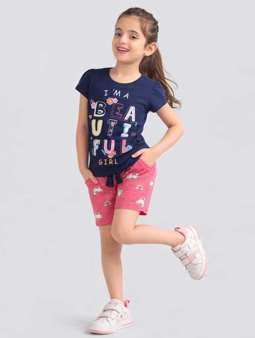 kids printed pink cotton shorts set