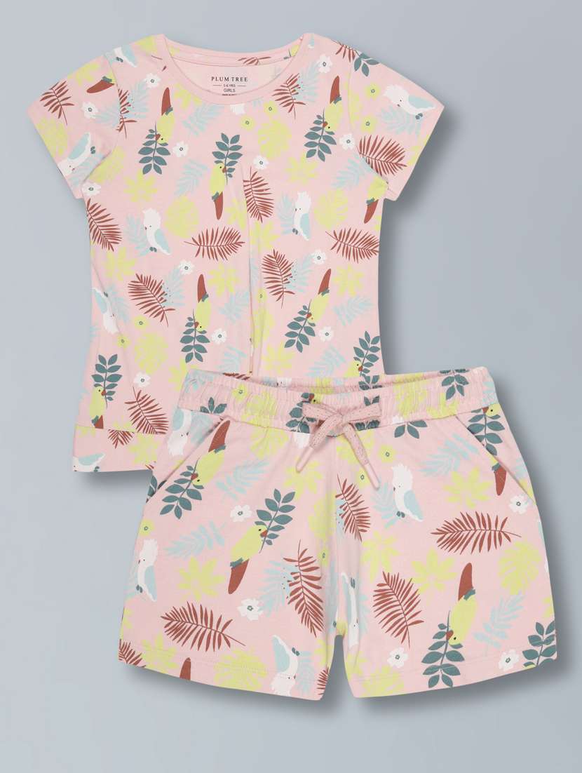 girls beige cotton t-shirt & shorts co-ord set