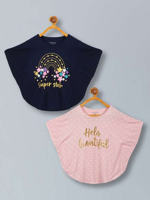 Girls Round Neck Multi Floral Print Poncho T Shirt