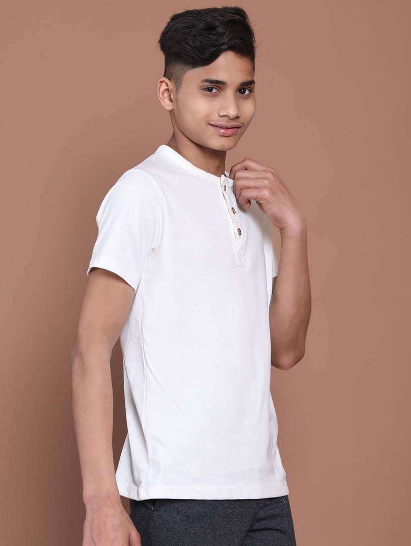 boys white cotton solid henley neck short sleeve t-shirt - 22495141 -  Standard Image - 1