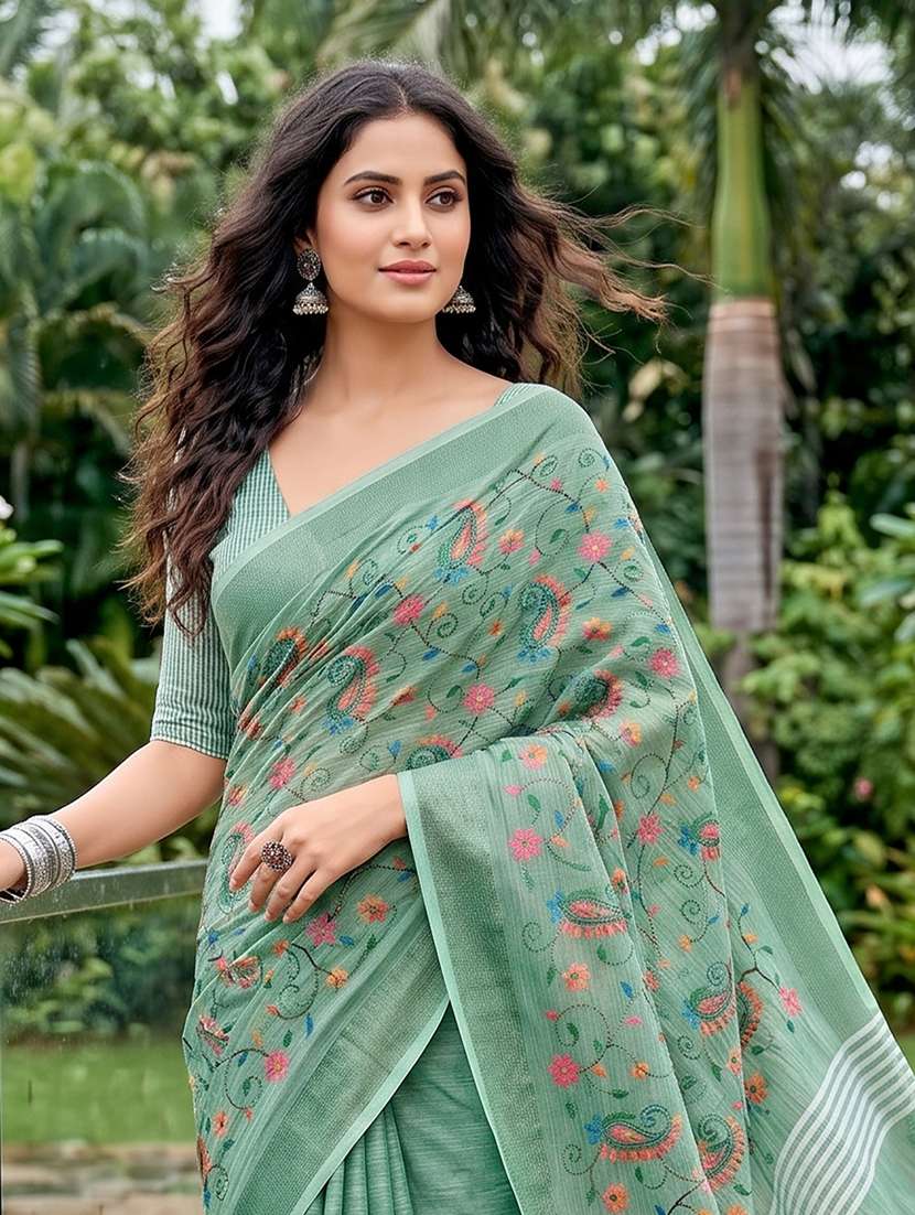 women solid with work embroidered saree with blouse - 22495280 -  Standard Image - 1
