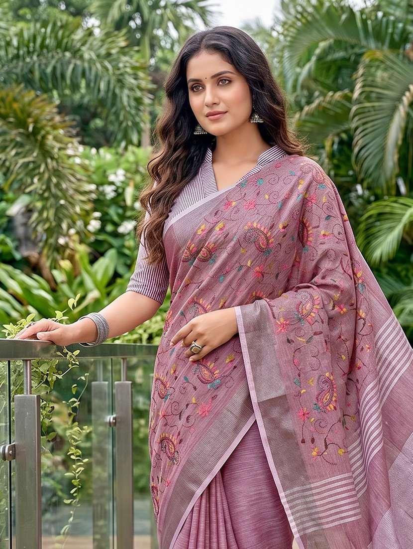 Women Solid With Work Embroidered Saree With Blouse - 22495281 -  Standard Image - 1