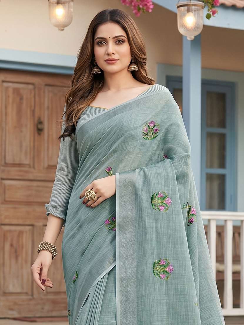 women solid with work embroidered saree with blouse - 22495282 -  Standard Image - 1