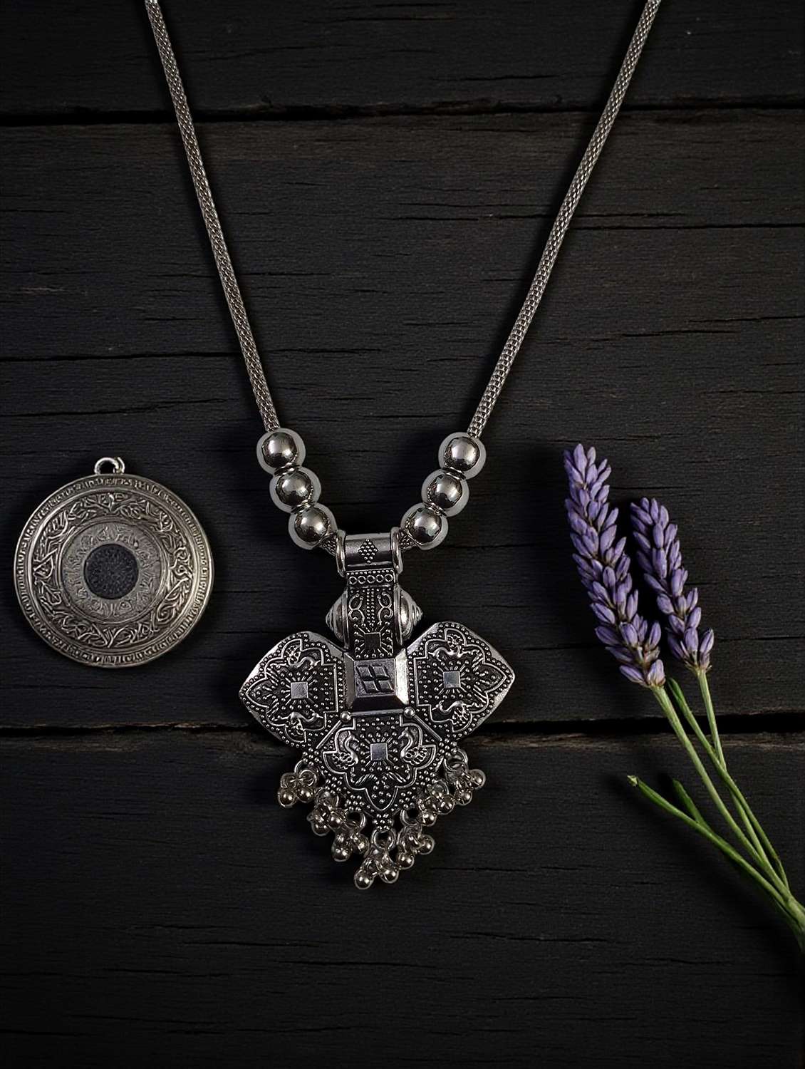 oxidised silver big pendant necklace chain with balls